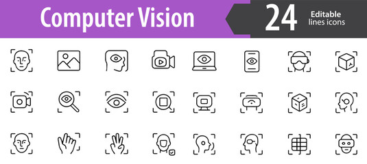 Computer Vision Line Icons, Artificial Intelligence, Face Recognition, Image Processing, Technology and Data Symbols, Editable Formats: AI, EPS, JPG, PNG, Ideal for Both Digital and Print
