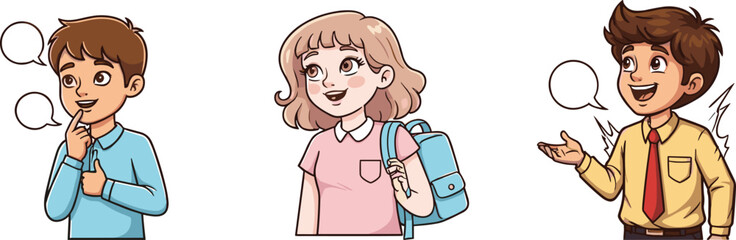 Cartoon students in school, thinking boy, smiling girl, talking boy, education concept, classroom characters, student interaction, vector illustration