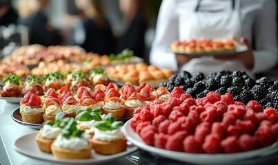 Gourmet appetizers and desserts on display at a catered event