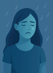 Sad woman in the rain, illustration of emotional distress and sadness
