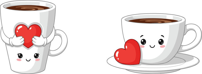 Cute cartoon coffee mug with heart, kawaii cup holding red love symbol, romantic drink illustration, Valentine's Day design, vector art