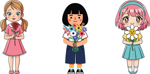 Cute cartoon girls holding flowers, springtime theme, floral bouquet, happy children, nature illustration, kids with flowers, cheerful girl characters, vector art