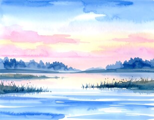Watercolor landscape of tranquil lake at sunset