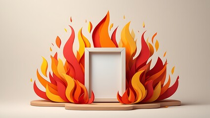Creative paper cut fire frame with blank canvas on pedestal display