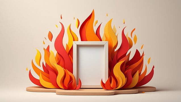 Creative paper cut fire frame with blank canvas on pedestal display