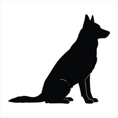 Silhouette of a german shepherd dog sitting attentively side profile isolated on white