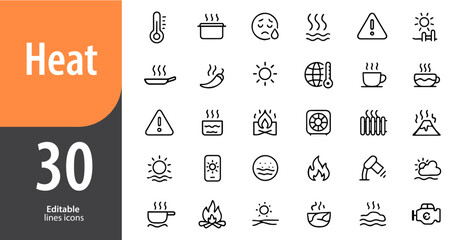 Heat Line Icons, Sun, Thermometer, Fire, Hot Weather, Warmth and Energy Symbols, Editable Formats: AI, EPS, JPG, PNG, Ideal for Both Digital and Print Use
