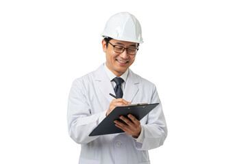 Smiling engineer in white hard hat writing on clipboard isolated on transparent background