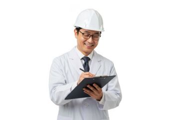 Smiling engineer in white hard hat writing on clipboard isolated on transparent background