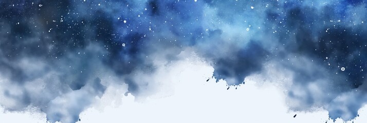 starry watercolor night sky wash across canvas deep indigo and blue gradients with scattered speckles, serene mood, wide panoramic copyspace, concept of astronomy, posters, education