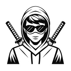 Hooded figure wears sunglasses with dual katana swords, monochrome abstract appearance