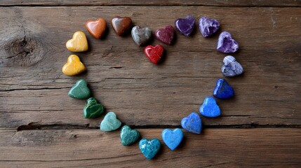 Heart-shaped arrangement of colorful gemstones on rustic wooden surface
