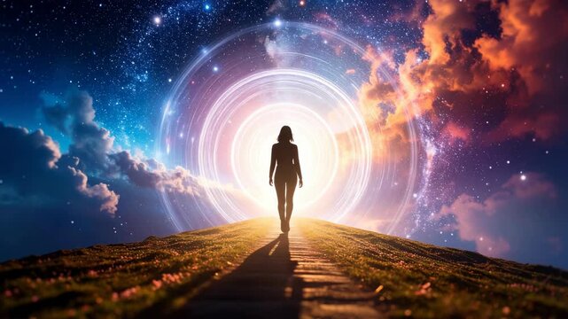 Woman silhouetted walking towards luminous portal on a hill, stars, clouds, cosmic energy, light rays, magical, fantasy, otherworldly environment, adventure concept