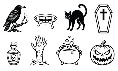 Vector Icon Set for Halloween. A Graphic Collection with Spooky Elements for the Holiday.