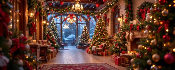 Festive Christmas Interior with Decorated Trees