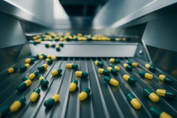 Green and yellow pharmaceutical capsules move along industrial conveyor belt in medication manufacturing facility