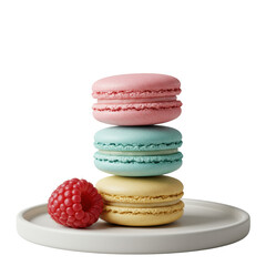 Three gourmet macarons (pink, blue, yellow) stacked with a red raspberry on a white plate, perfect studio lighting on transparent background, clean and inviting gourmet confectionery concept