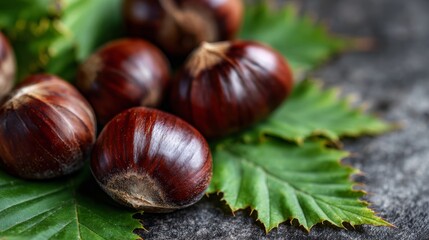 Obraz premium Fresh chestnuts on green leaves with natural texture