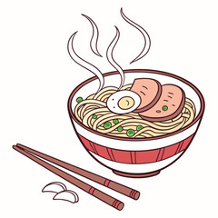 A delicious bowl of steaming ramen noodles with sliced pork a soft boiled egg and green peas accompanied by chopsticks and garlic cloves