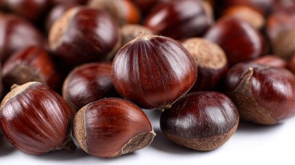 Obraz premium Close-up of fresh brown chestnuts with smooth shells