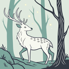 A majestic white stag with large antlers walks through a serene stylized forest with glowing orbs and minimalist trees in a calming color palette