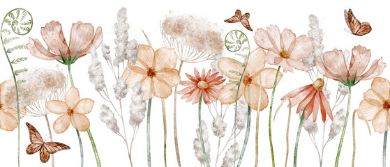 Watercolor Floral Border with wild meadow Flowers. Illustration of Botanical seamless pattern with butterflies for wedding invitations or greeting cards in pastel colors. Drawing for frames.