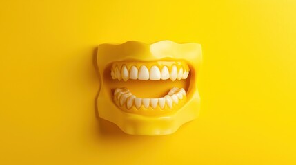 playful smiling teeth model on vibrant yellow three dimensional render with glossy enamel, bold color, quirky mood, ample copyspace, concept of dentistry, hygiene, advertising