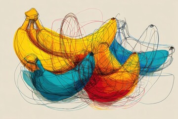Colorful abstract illustration of bananas in various shades with artistic lines and swirls