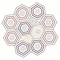 Abstract geometric pattern of interconnected hexagons and polygons with concentric circles within each hexagon in shades of pink purple and orange on a white background