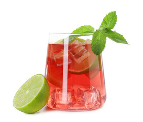 Tasty punch with ice, mint and slices of lime in glass isolated on white. Refreshing drink