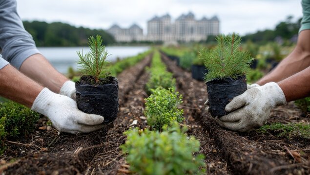Hands Planting Saplings in Garden Rows Outdoors. - Powered by Adobe