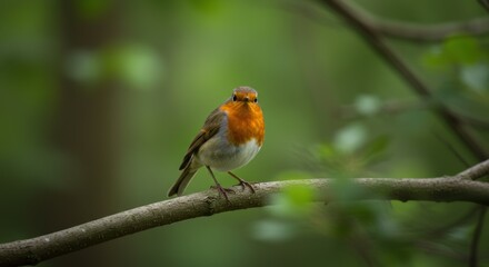 Fototapeta premium European Robin Perched on Branch in Lush Green Forest.