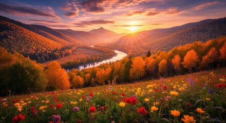 Majestic Autumn Landscape with a Winding River, Colorful Forest, and Wildflowers at Sunset