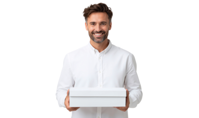 Handsome, smiling man holding a blank white box, suitable for themes of delivery or gift-giving