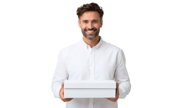 Handsome, smiling man holding a blank white box, suitable for themes of delivery or gift-giving