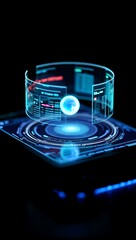 Futuristic technology interface with glowing hologram and digital screen display