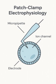 Illustration depicting the patch-clamp electrophysiology technique for cellular research purposes