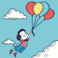 Joyful cartoon boy flying high in the sky holding a bunch of colorful balloons and surrounded by fluffy white clouds
