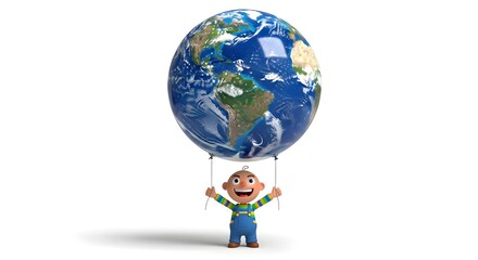 A cheerful character holding the globe, symbolizing global unity and environmental responsibility.