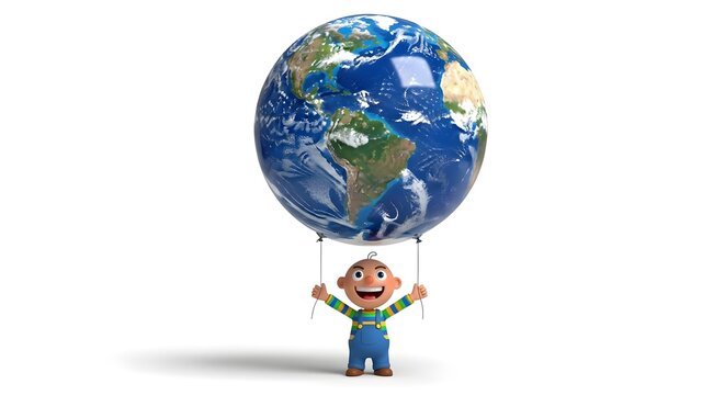 A cheerful character holding the globe, symbolizing global unity and environmental responsibility. 