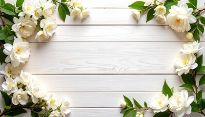 White flowers frame on white wood
