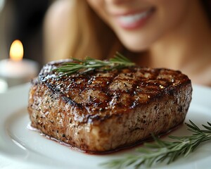 Delicious grilled steak, close-up. A woman smiles at the dish