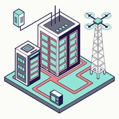Modern isometric cityscape featuring smart buildings connected by digital networks and a drone on a communication tower symbolizing advanced technology and connectivity
