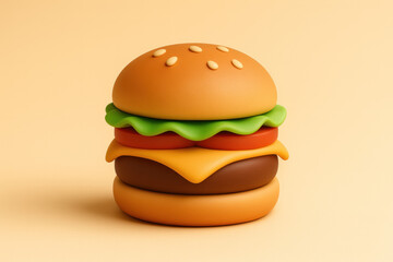 3D cartoon hamburger with cheese, lettuce, and tomato on beige background