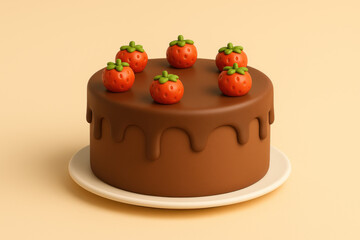 3D cartoon chocolate cake with strawberries on top