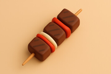 3D cartoon meat skewer with vegetables