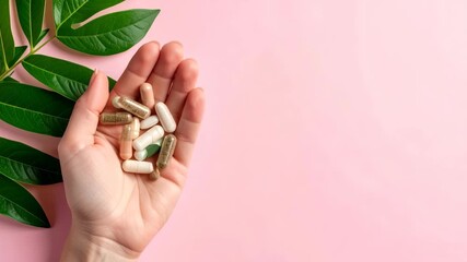 Close up of woman's hand holding assortment of capsules and supplements against pink backdrop with green leaves for wellness concept. - Powered by Adobe