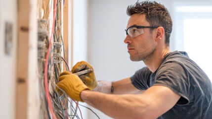 Licensed electrician wearing protective gear works on routing intricate wiring inside exposed wall cavities contributing to the electrical upgrade of a commercial renovation