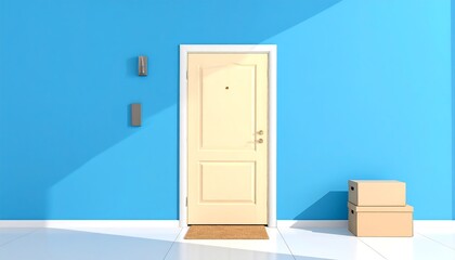 Front door view of two cardboard boxes delivered for Cyber Monday home shopping against a blue wall; flat lay image with a calm, serene mood.
