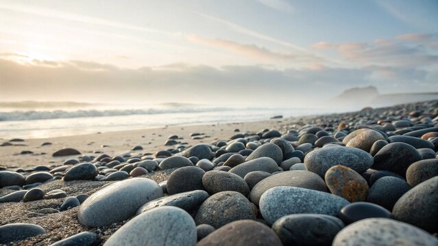 Smooth Pebble Beach at Sunrise with Ocean Waves
Close-up view of rounded pebbles on a tranquil beach during early morning sunrise, with soft ocean waves and misty horizon.
 - Powered by Adobe